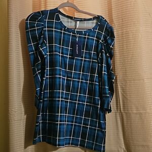PIPHANY  WOMAN PLAID TOP L TEAL NEW